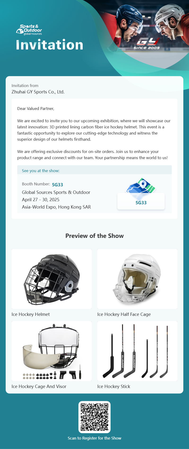 GY Global Sources Sports & Outdoor, 27-30 April 2025, Asia-World Expo, Hong Kong SAR, Nomer Booth. 5G33